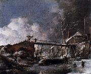Philips Wouwerman Winter Landscape with Wooden Bridge painting